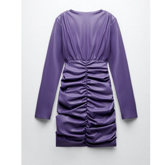 ZARA WOMEN NEW FAUX LEATHER DRESS SHORT Draped PURPLE 2134/322 S M - Picture 7 of 10